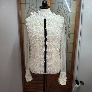 Victorian Inspired Ruffle Lace Blouse Lined Body Sheer Swiss Dot Sleeve Size 38